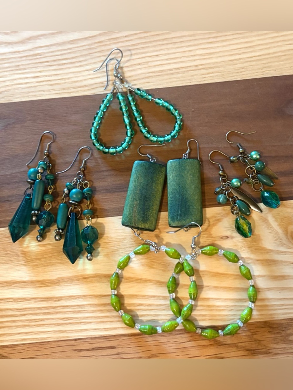 🌿 "Green Goddess" Mixed Media Boho Earring Collection - Set of 5 🌿